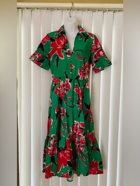 Zara Green Midi Dress with Red Floral Print and Black Accents